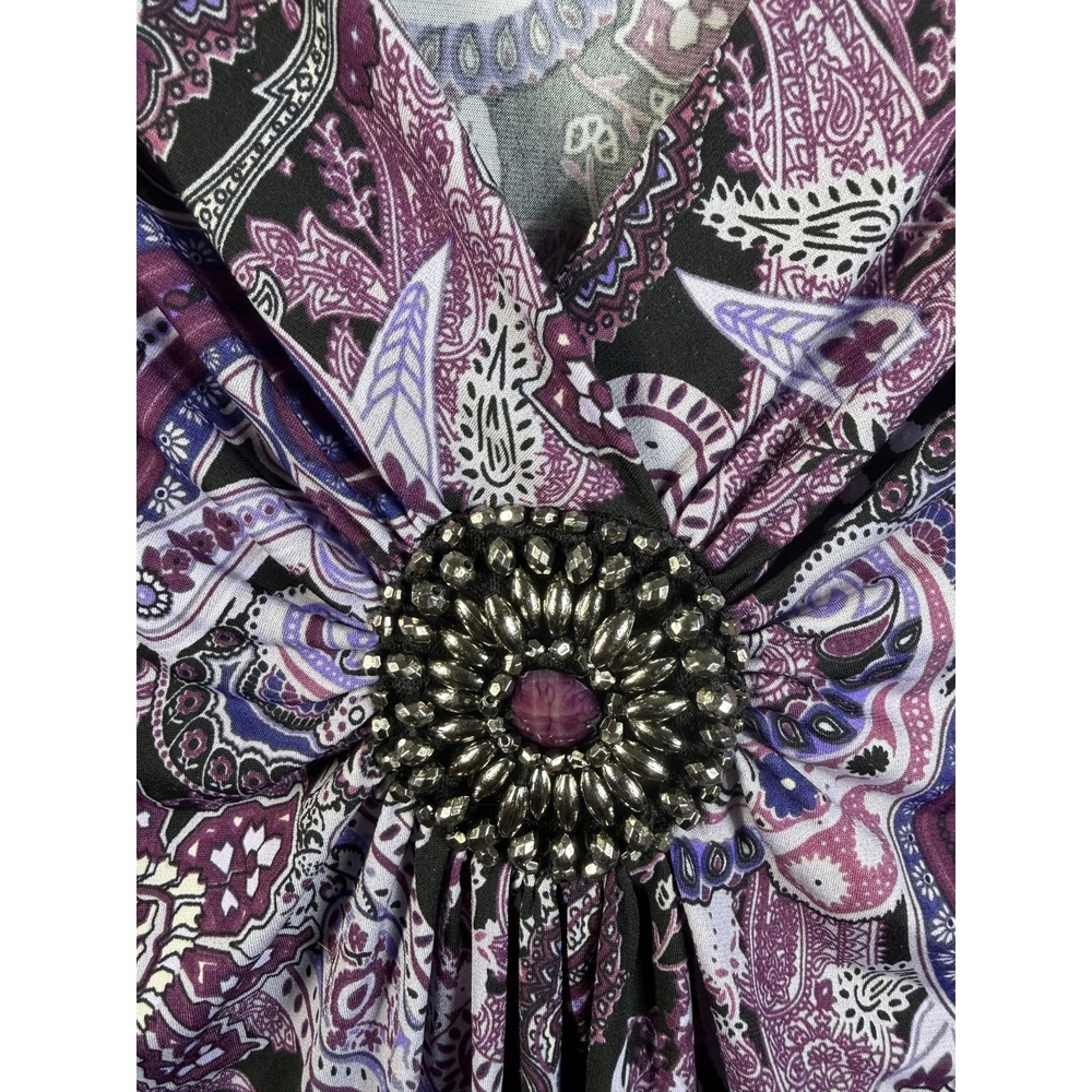 Dressbarn Tunic Top Womens XL Purple Paisley Beaded V Neck 3/4 Sleeve Stretch - Picture 2 of 10